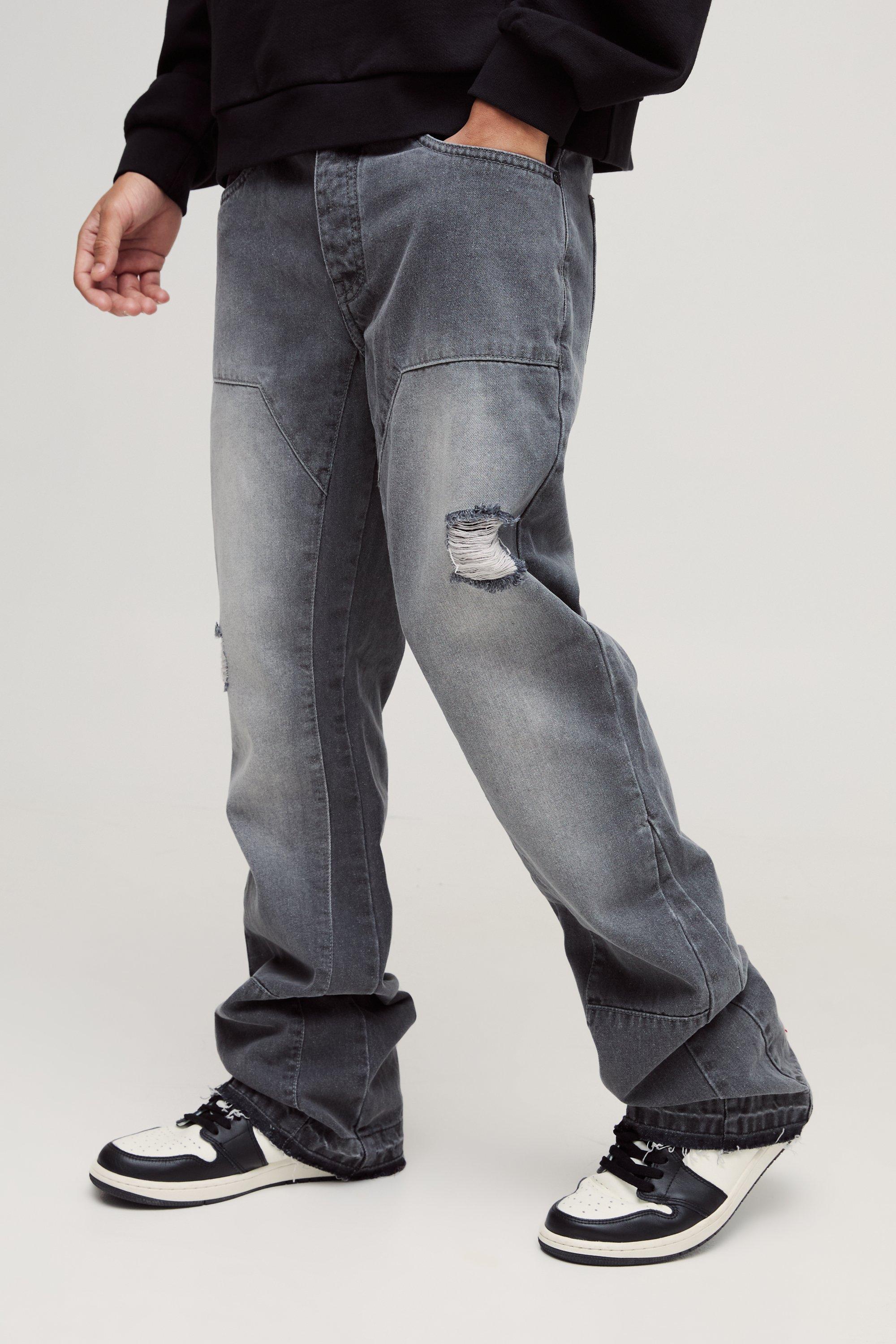 Mens Grey Slim Rigid Flare Carpenter Ripped Gusset Denim Jeans, Grey